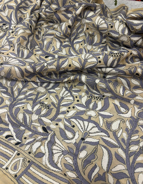 Pastel Kantha Hand Embroidered Tussar Silk Lotus Design Saree
