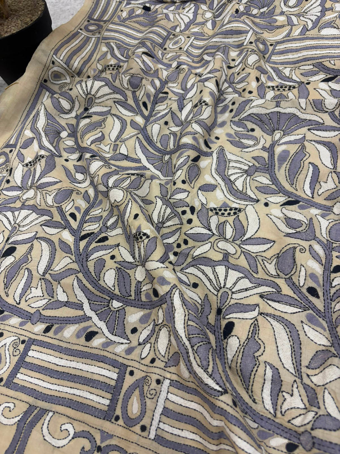 Pastel Kantha Hand Embroidered Tussar Silk Lotus Design Saree
