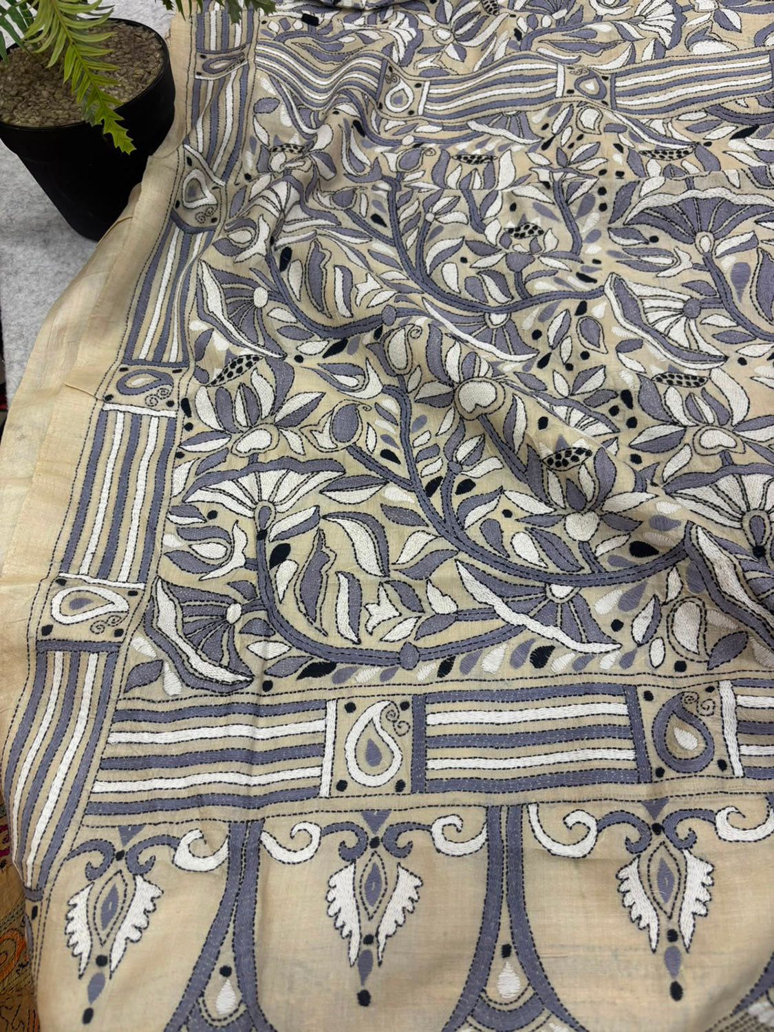 Pastel Kantha Hand Embroidered Tussar Silk Lotus Design Saree