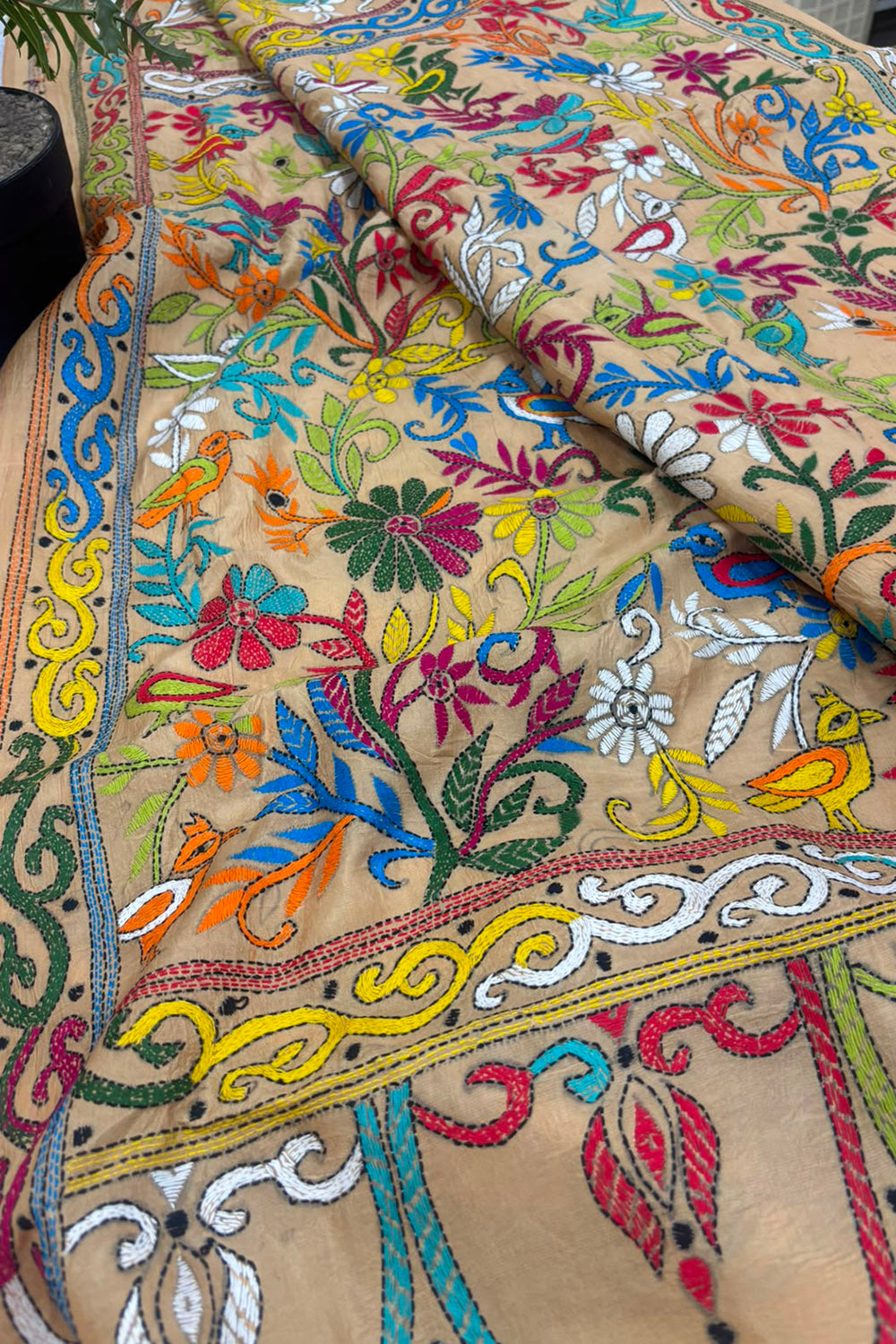 Pastel Kantha Hand Embroidered Bangalore Silk Saree
