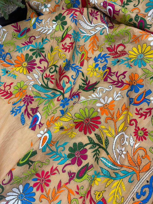 Pastel Kantha Hand Embroidered Bangalore Silk Saree