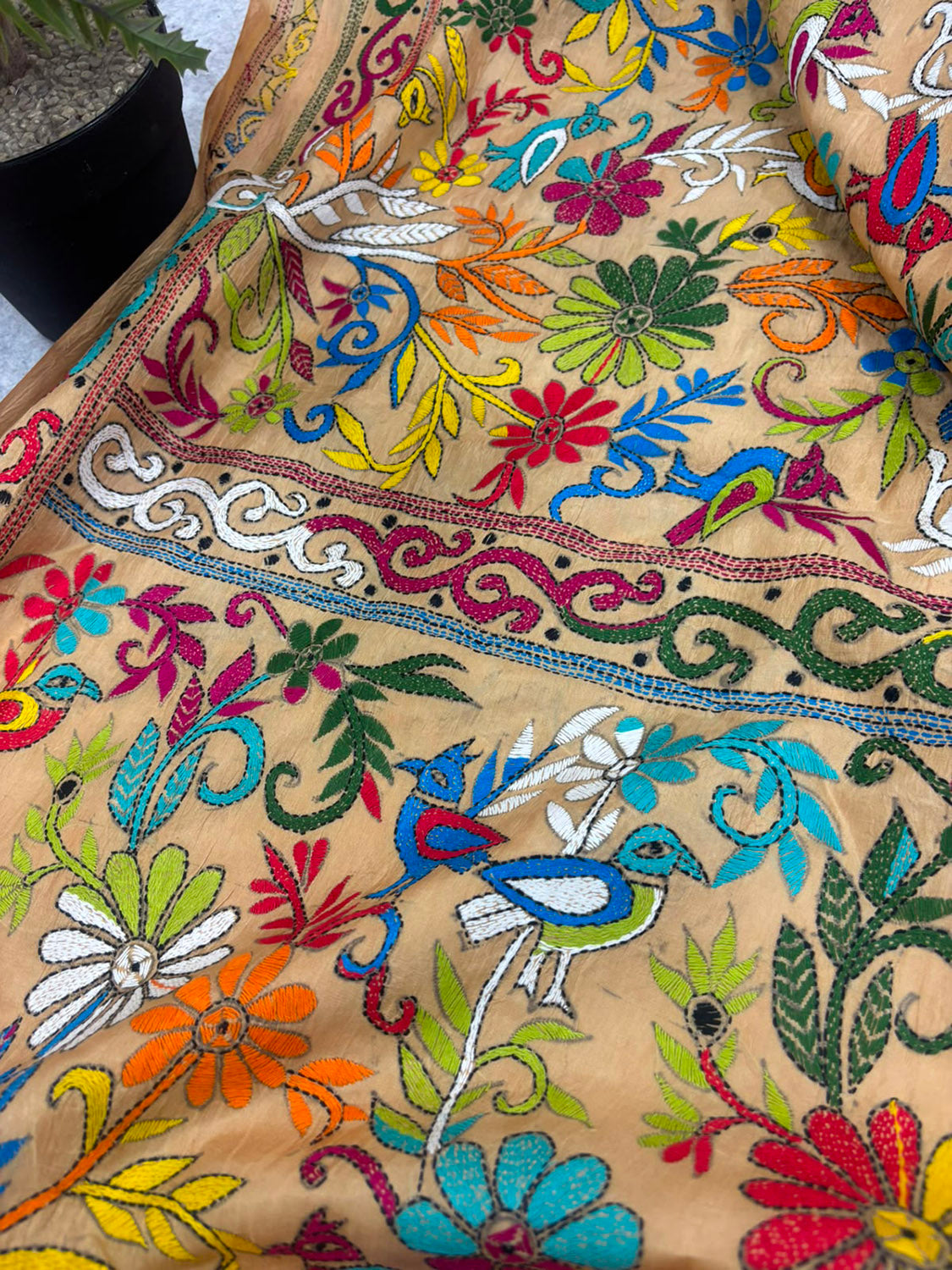 Pastel Kantha Hand Embroidered Bangalore Silk Saree