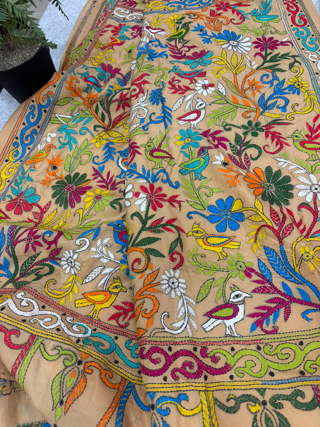 Pastel Kantha Hand Embroidered Bangalore Silk Saree