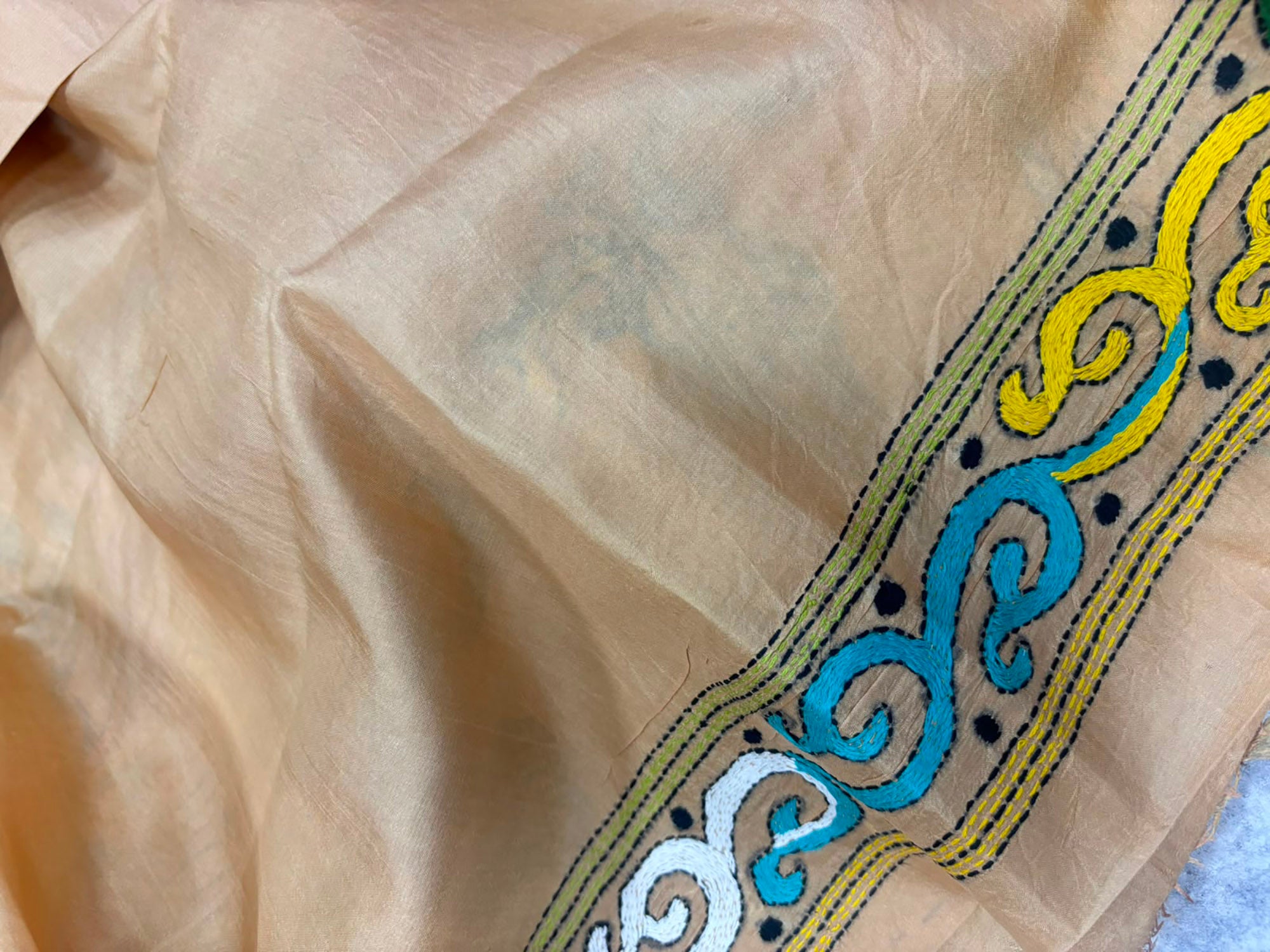 Pastel Kantha Hand Embroidered Bangalore Silk Saree