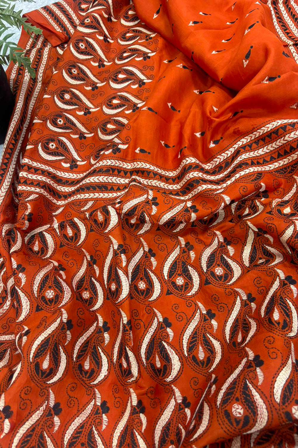 Orange Kantha Hand Embroidered Bangalore Silk Saree