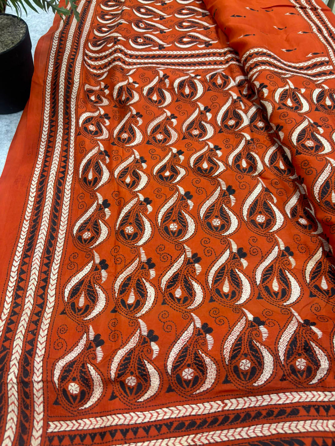 Orange Kantha Hand Embroidered Bangalore Silk Saree