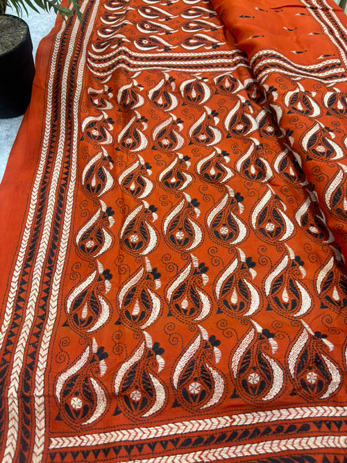 Orange Kantha Hand Embroidered Bangalore Silk Saree