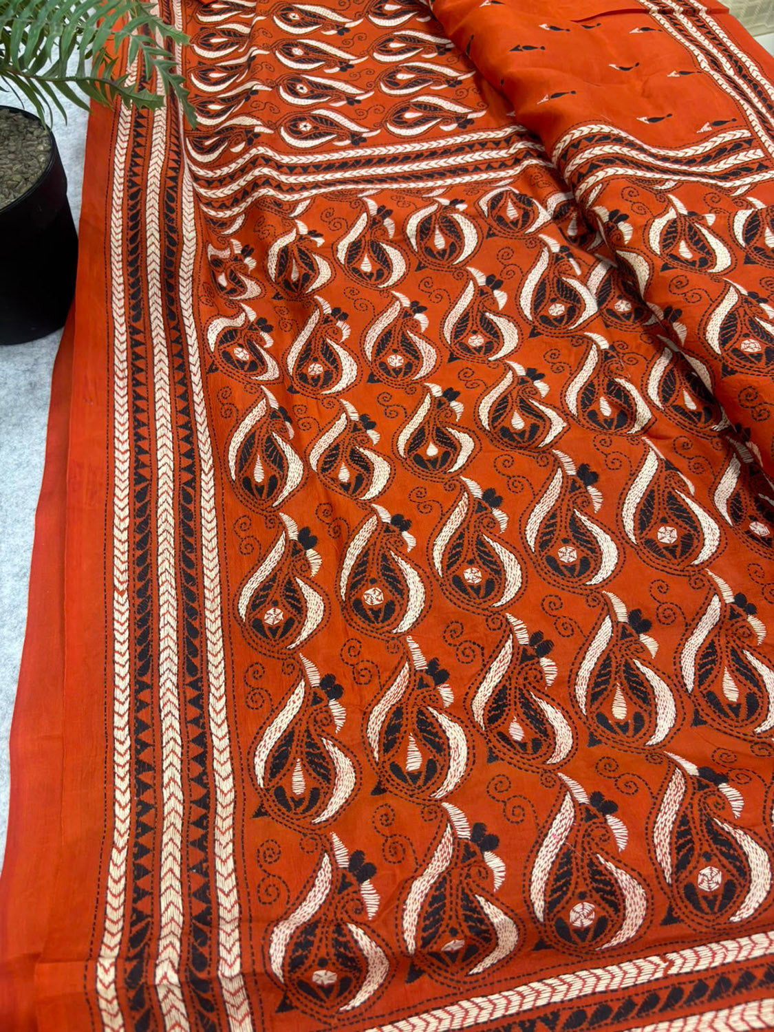 Orange Kantha Hand Embroidered Bangalore Silk Saree
