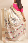 Pastel Hand Embroidered Kantha Pure Tussar Silk Sequins Work Saree - Luxurion World