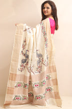 Pastel Hand Embroidered Kantha Pure Tussar Silk Sequins Work Saree - Luxurion World