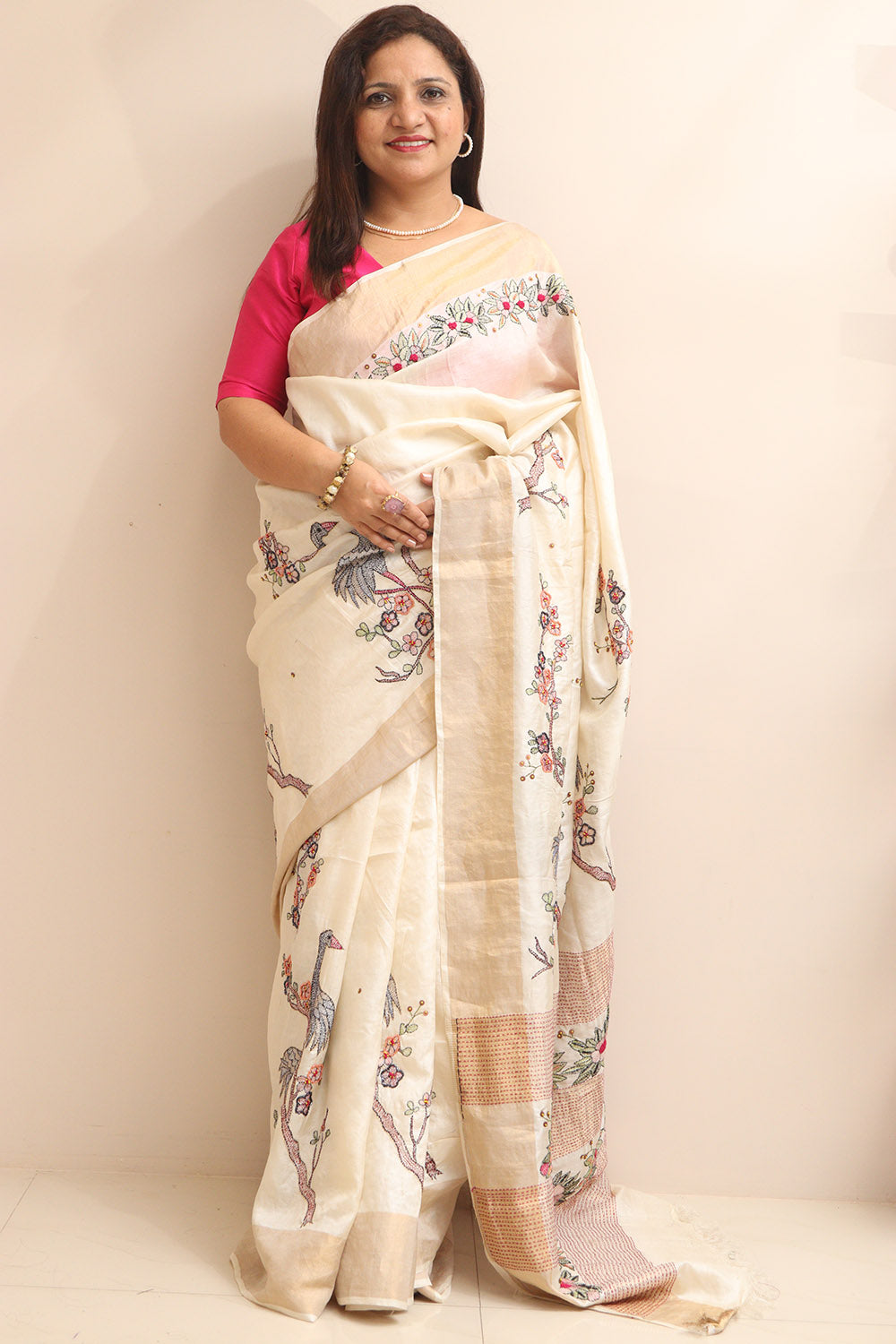Pastel Hand Embroidered Kantha Pure Tussar Silk Sequins Work Saree - Luxurion World