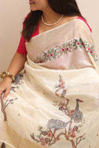 Pastel Hand Embroidered Kantha Pure Tussar Silk Sequins Work Saree - Luxurion World