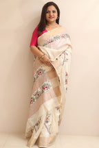 Pastel Hand Embroidered Kantha Pure Tussar Silk Sequins Work Saree - Luxurion World