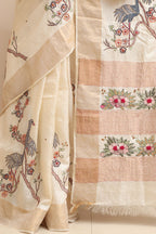 Pastel Hand Embroidered Kantha Pure Tussar Silk Sequins Work Saree - Luxurion World