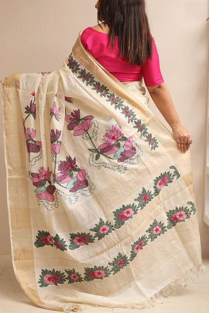 Pastel Hand Embroidered Kantha Pure Tussar Silk Sequins Work Saree - Luxurion World