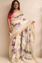Pastel Hand Embroidered Kantha Pure Tussar Silk Sequins Work Saree - Luxurion World