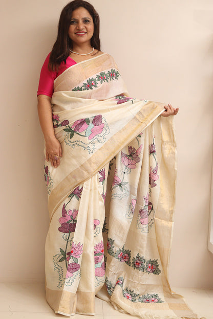 Pastel Hand Embroidered Kantha Pure Tussar Silk Sequins Work Saree - Luxurion World