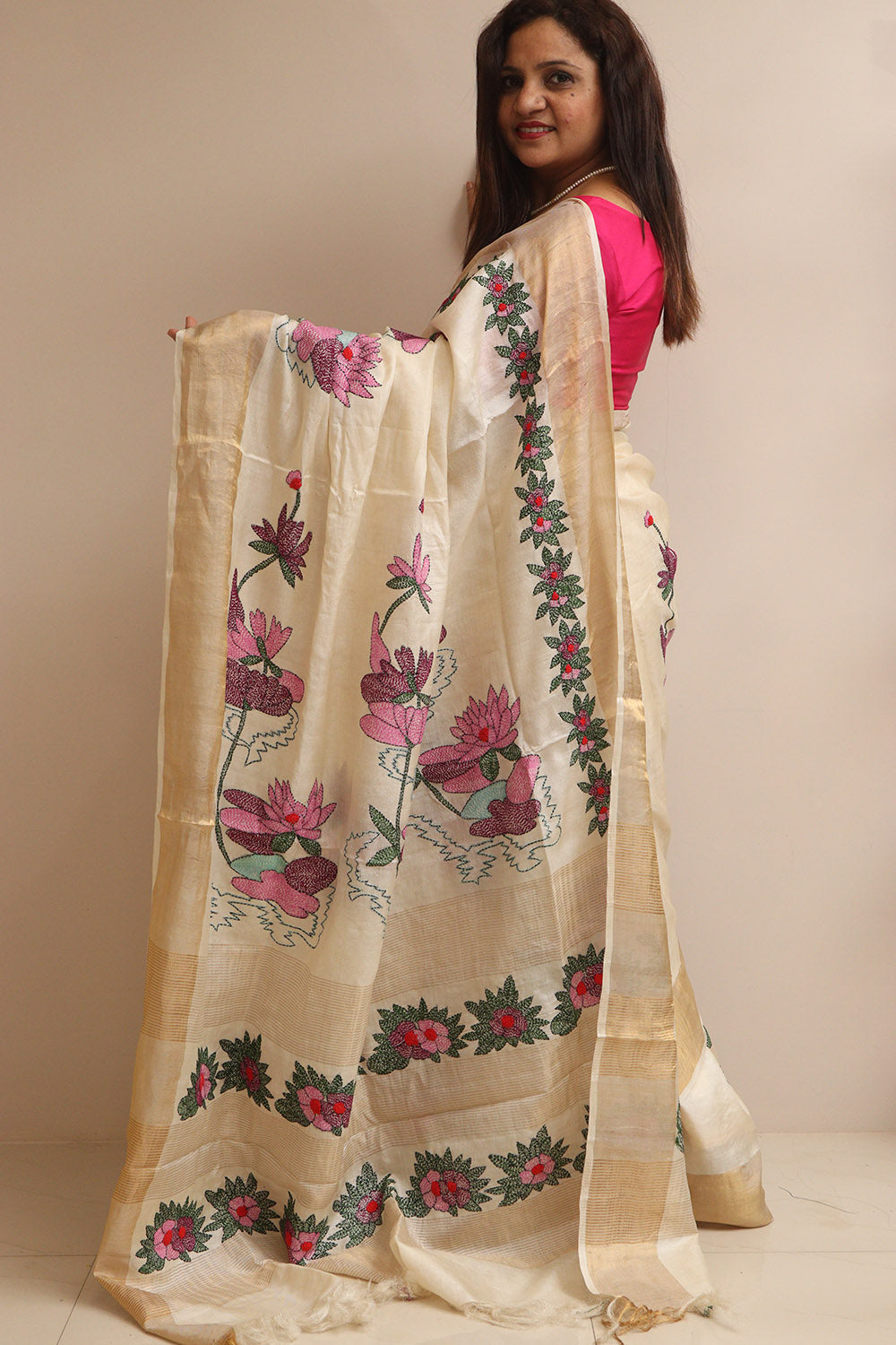 Pastel Hand Embroidered Kantha Pure Tussar Silk Sequins Work Saree - Luxurion World