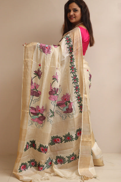 Pastel Hand Embroidered Kantha Pure Tussar Silk Sequins Work Saree - Luxurion World