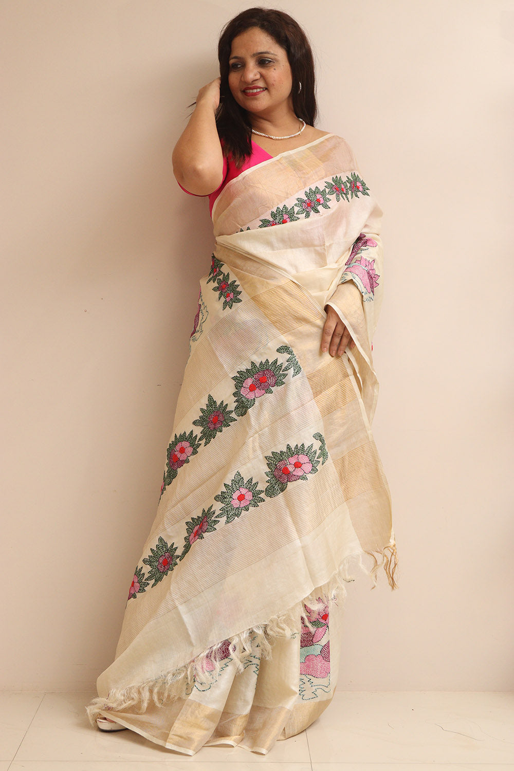 Pastel Hand Embroidered Kantha Pure Tussar Silk Sequins Work Saree - Luxurion World