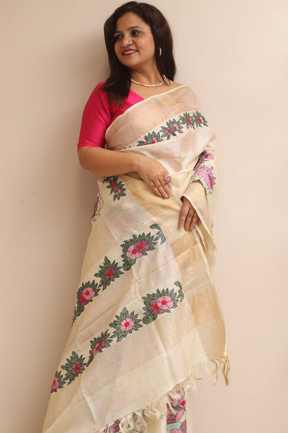 Pastel Hand Embroidered Kantha Pure Tussar Silk Sequins Work Saree - Luxurion World