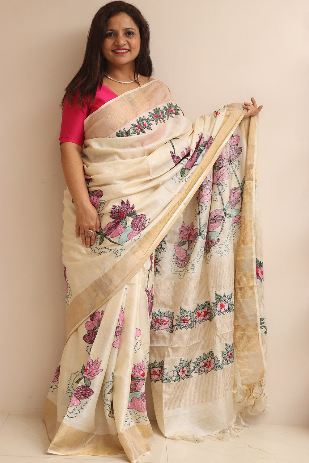 Pastel Hand Embroidered Kantha Pure Tussar Silk Sequins Work Saree - Luxurion World
