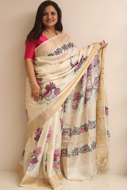Pastel Hand Embroidered Kantha Pure Tussar Silk Sequins Work Saree - Luxurion World