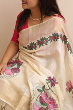 Pastel Hand Embroidered Kantha Pure Tussar Silk Sequins Work Saree - Luxurion World