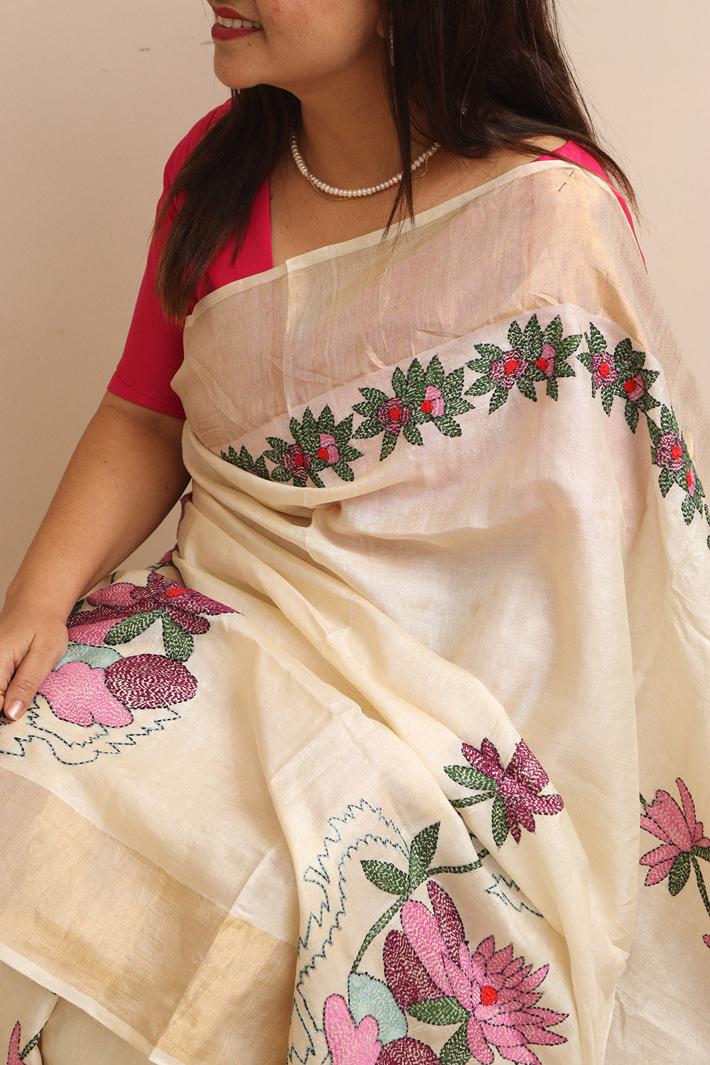 Pastel Hand Embroidered Kantha Pure Tussar Silk Sequins Work Saree - Luxurion World