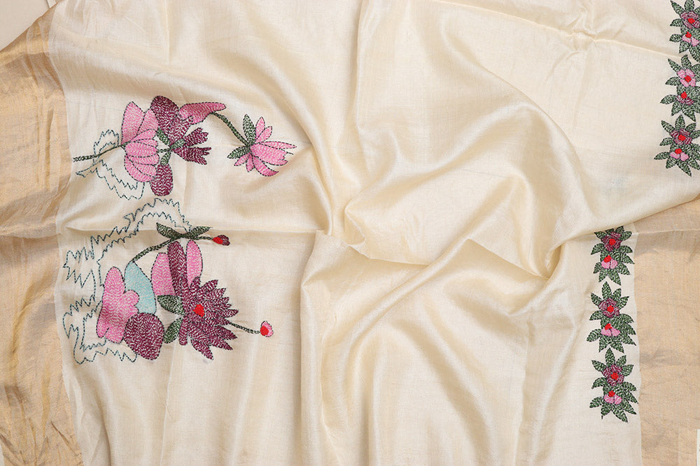 Pastel Hand Embroidered Kantha Pure Tussar Silk Sequins Work Saree - Luxurion World