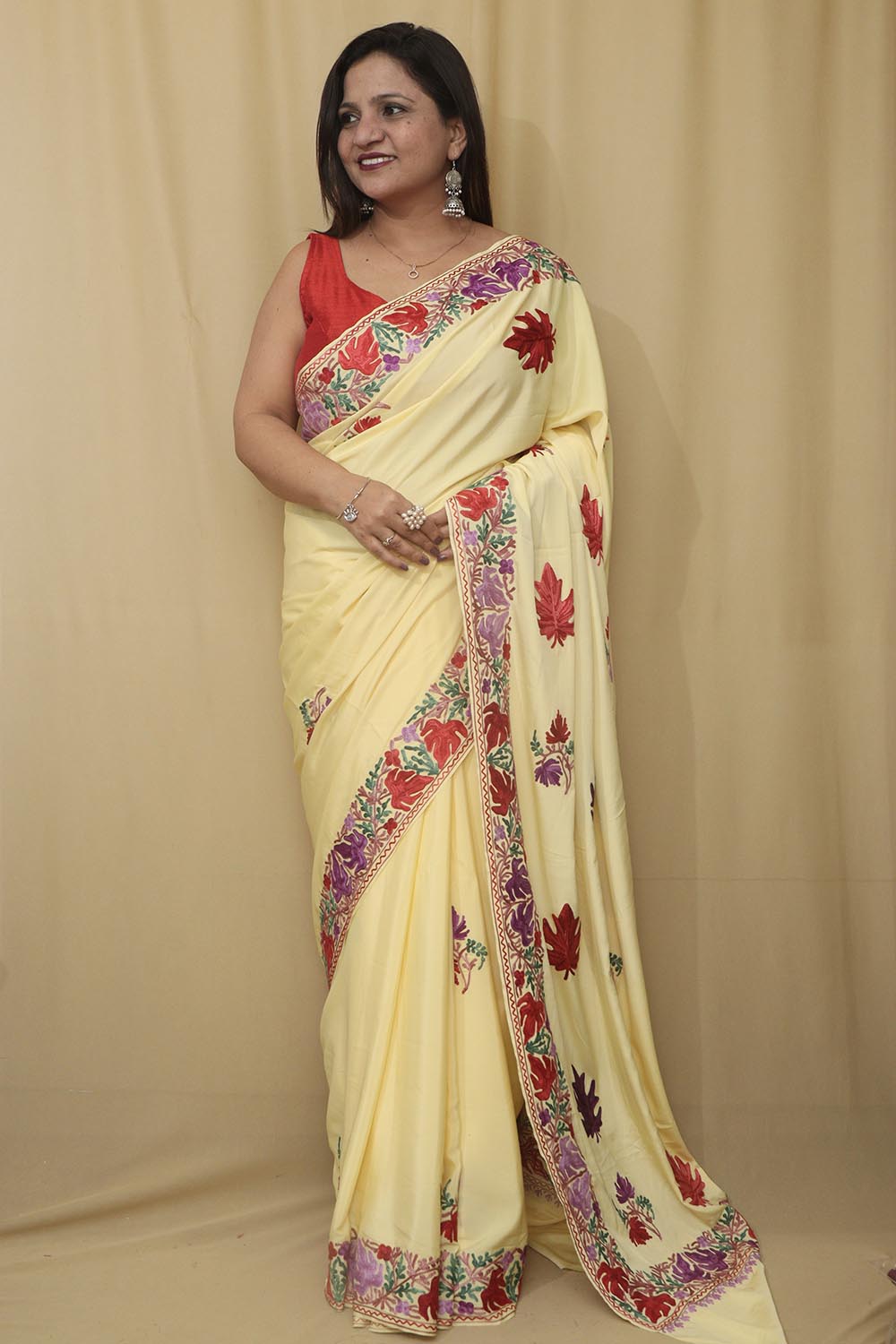 Yellow Embroidered Kashmiri Aari Work Crepe Saree - Luxurion World