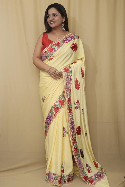 Yellow Embroidered Kashmiri Aari Work Crepe Saree - Luxurion World