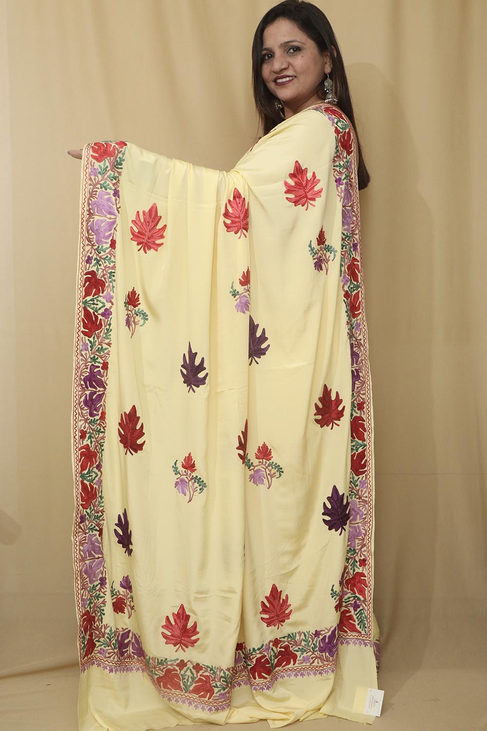 Yellow Embroidered Kashmiri Aari Work Crepe Saree - Luxurion World