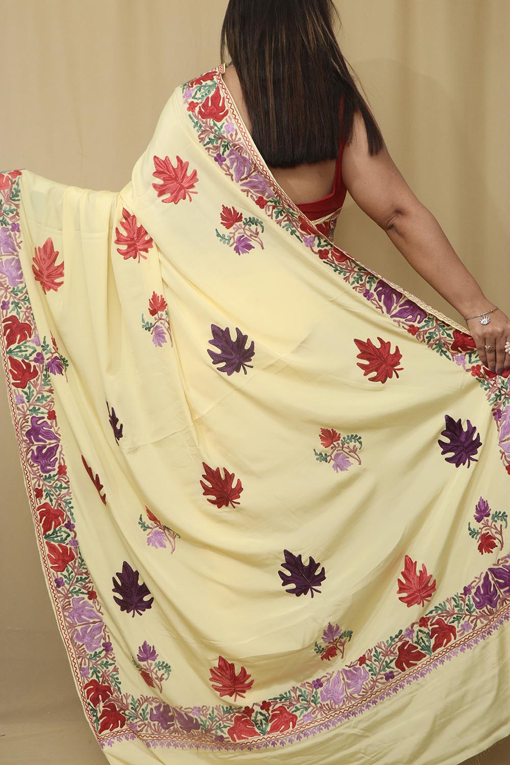 Yellow Embroidered Kashmiri Aari Work Crepe Saree - Luxurion World