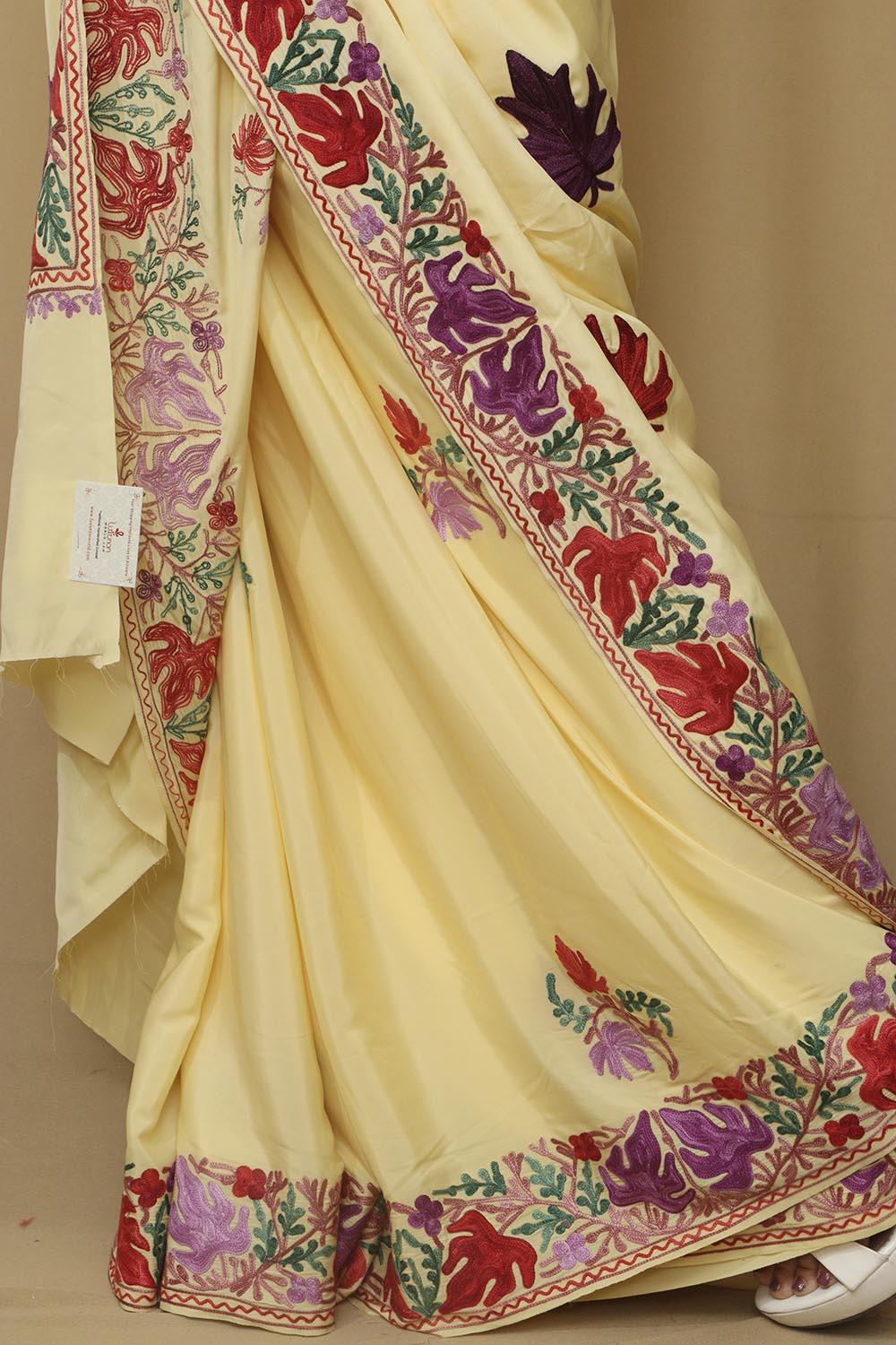 Yellow Embroidered Kashmiri Aari Work Crepe Saree - Luxurion World