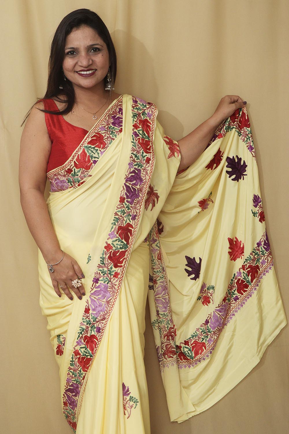 Yellow Embroidered Kashmiri Aari Work Crepe Saree - Luxurion World