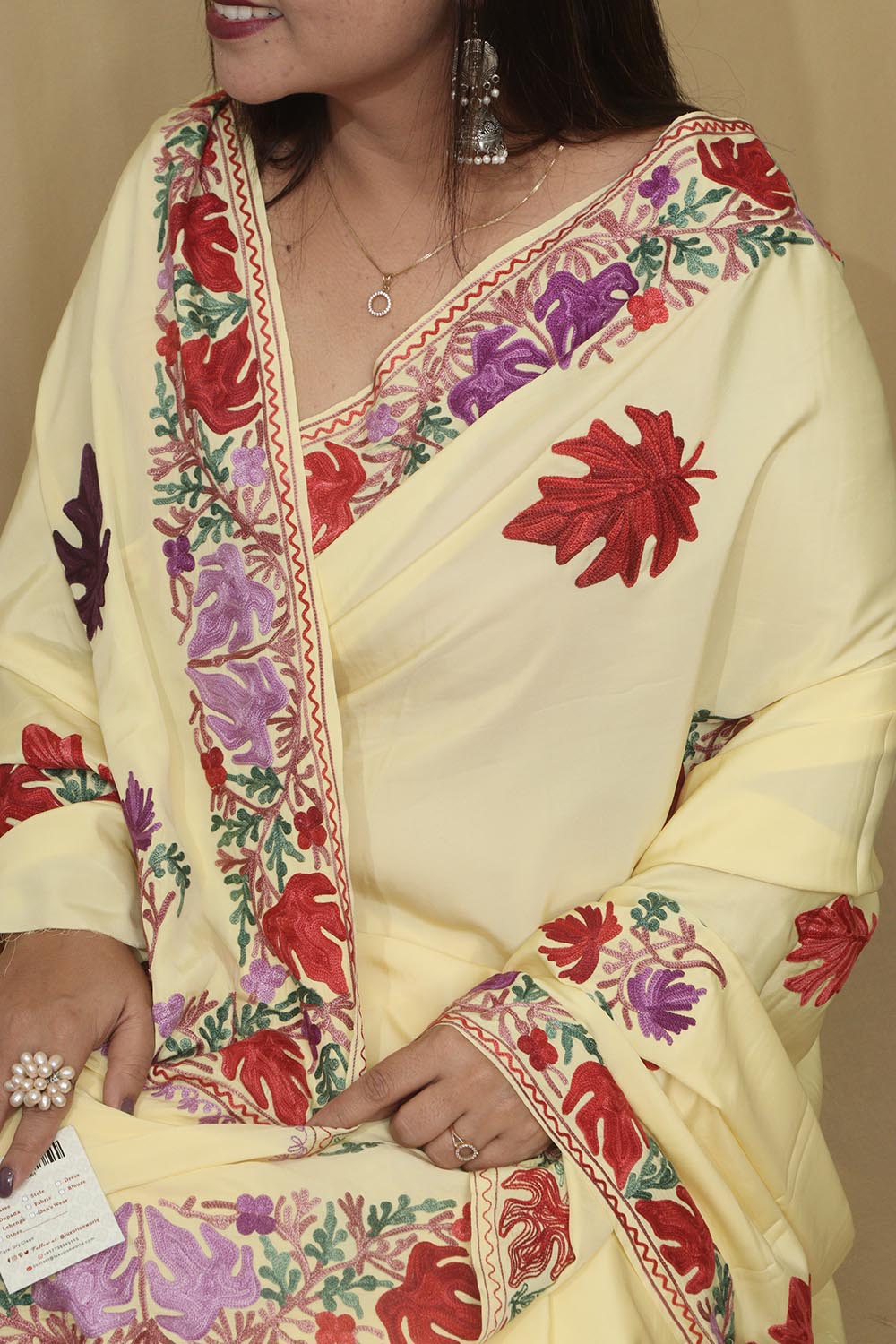 Yellow Embroidered Kashmiri Aari Work Crepe Saree - Luxurion World