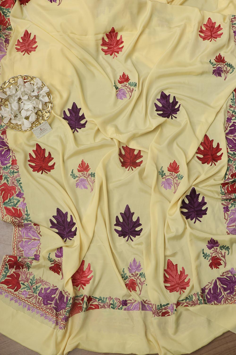 Yellow Embroidered Kashmiri Aari Work Crepe Saree - Luxurion World
