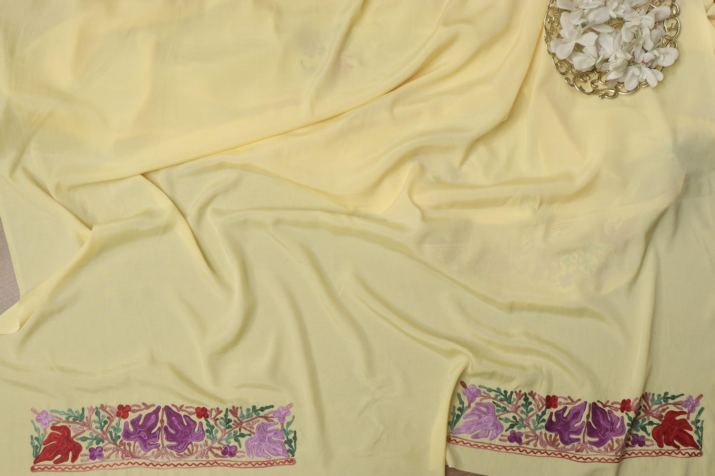 Yellow Embroidered Kashmiri Aari Work Crepe Saree - Luxurion World
