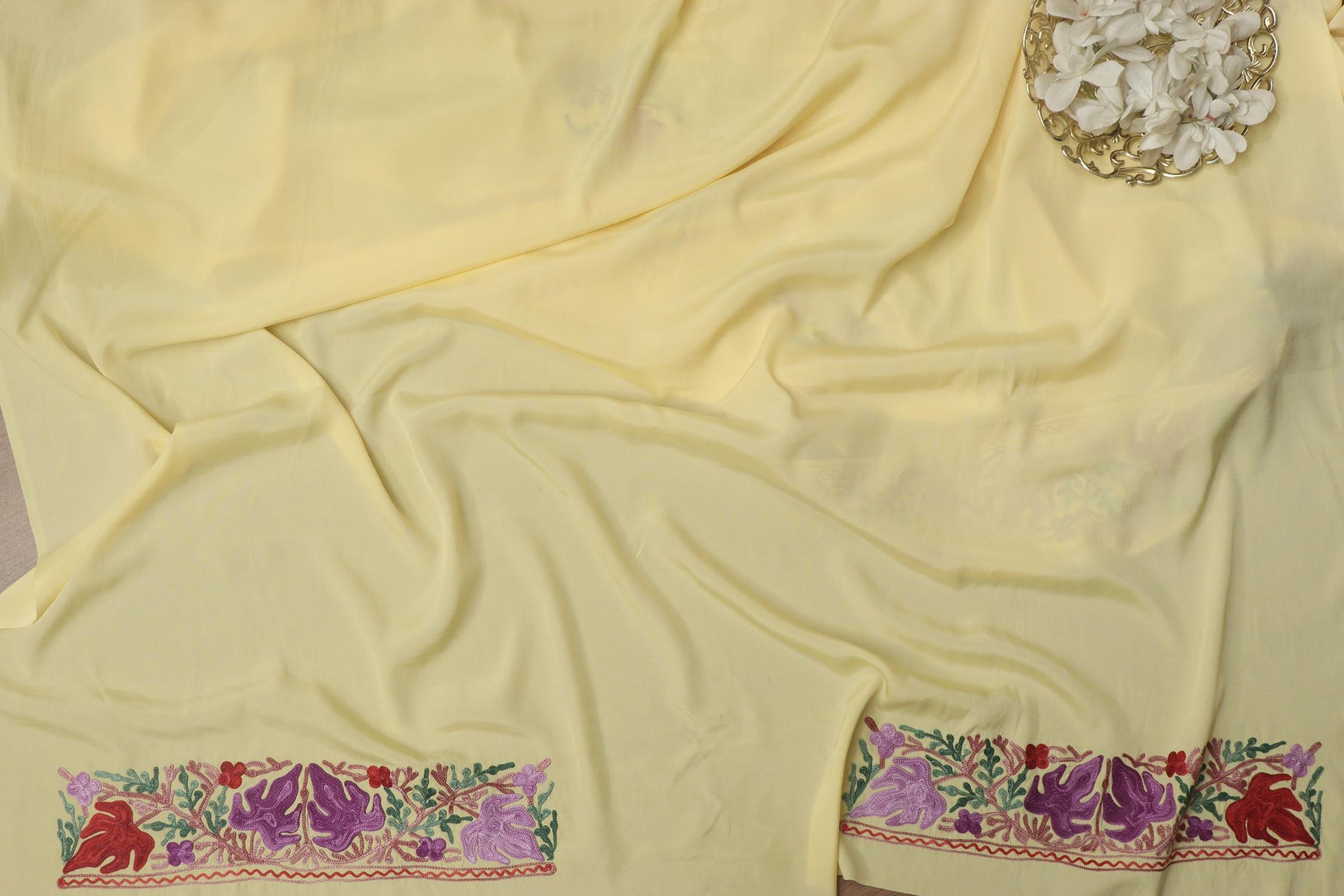 Yellow Embroidered Kashmiri Aari Work Crepe Saree - Luxurion World