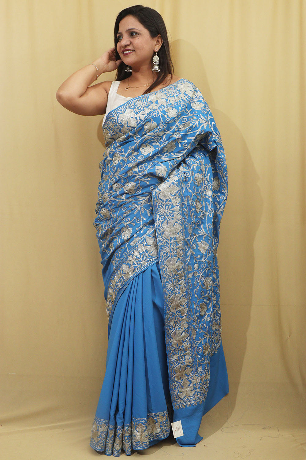 Exquisite Blue Embroidered Kashmiri Tilla Work Crepe Saree - Luxurion World