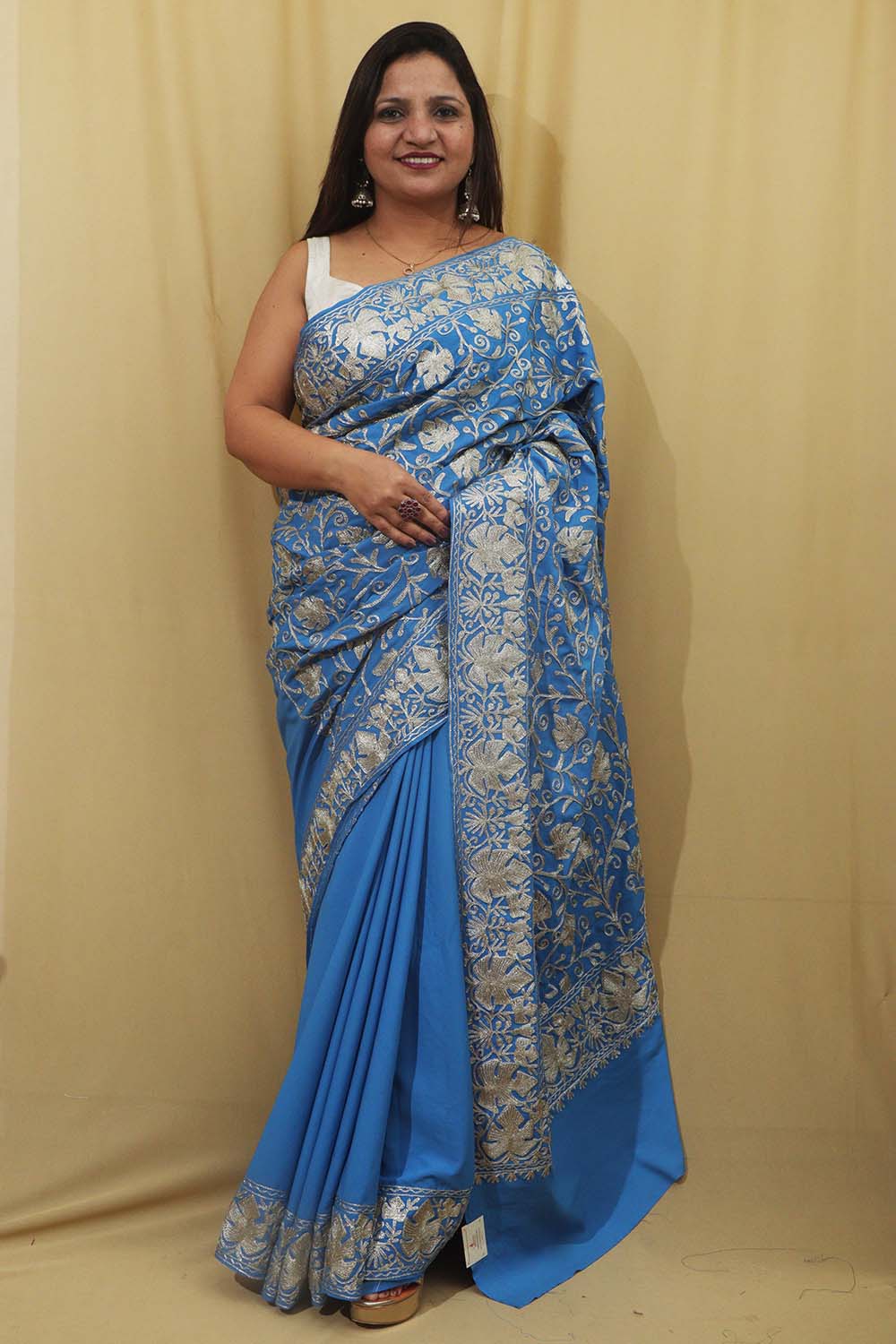 Exquisite Blue Embroidered Kashmiri Tilla Work Crepe Saree - Luxurion World