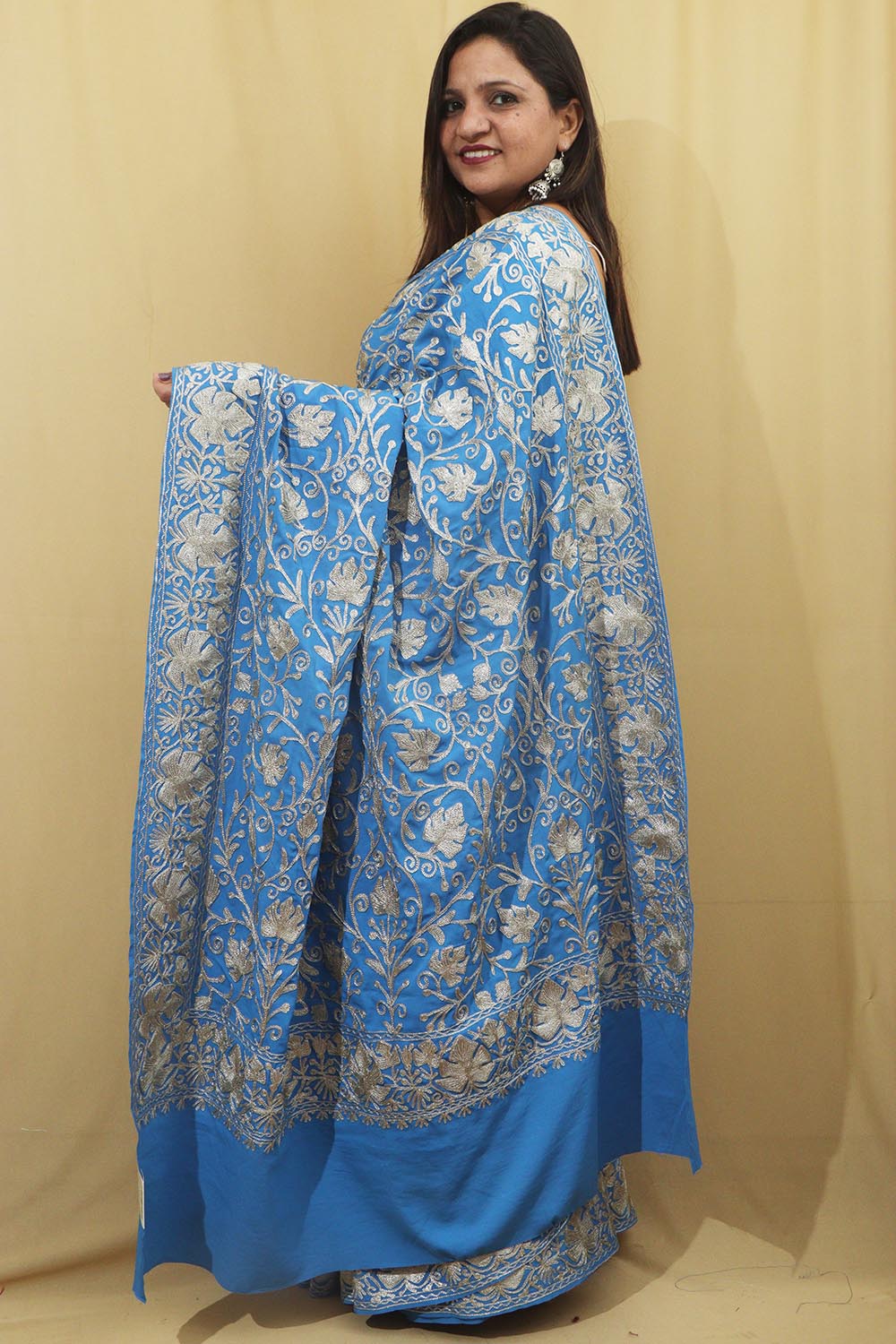 Exquisite Blue Embroidered Kashmiri Tilla Work Crepe Saree - Luxurion World