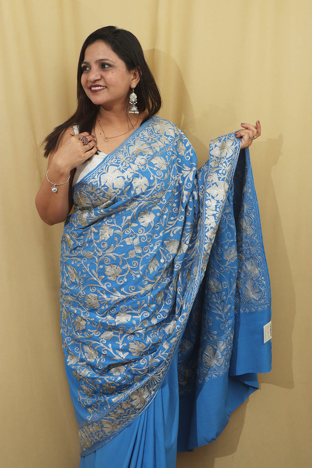 Exquisite Blue Embroidered Kashmiri Tilla Work Crepe Saree - Luxurion World
