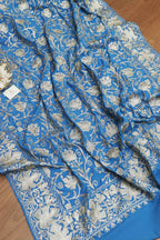 Exquisite Blue Embroidered Kashmiri Tilla Work Crepe Saree - Luxurion World
