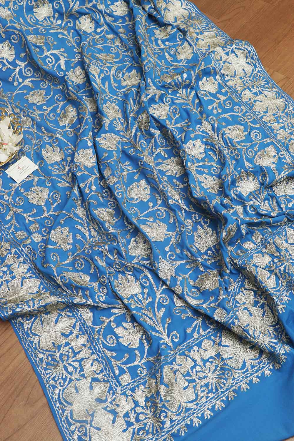 Exquisite Blue Embroidered Kashmiri Tilla Work Crepe Saree - Luxurion World