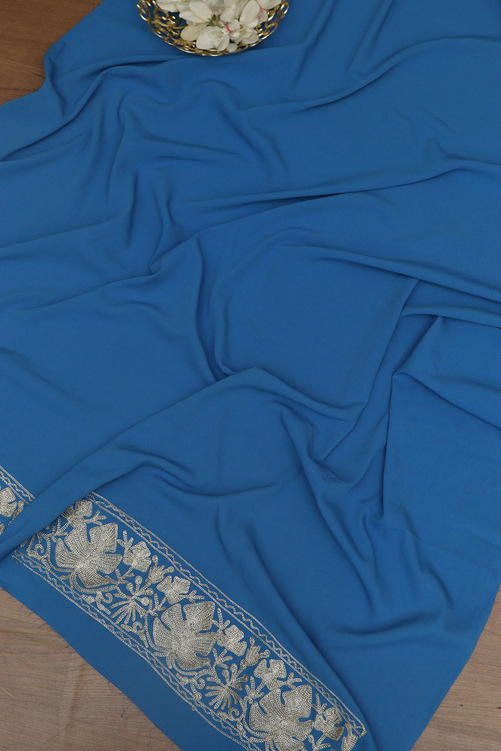 Exquisite Blue Embroidered Kashmiri Tilla Work Crepe Saree - Luxurion World