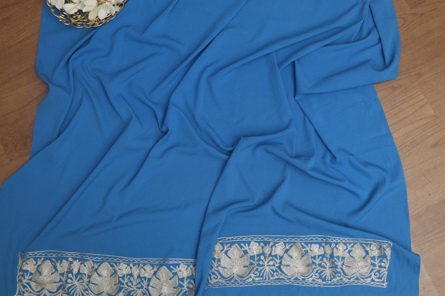 Exquisite Blue Embroidered Kashmiri Tilla Work Crepe Saree - Luxurion World