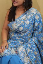 Exquisite Blue Embroidered Kashmiri Tilla Work Crepe Saree - Luxurion World