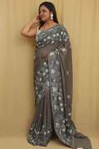 Elegant Grey Embroidered Kashmiri Aari Work Crepe Saree - Luxurion World